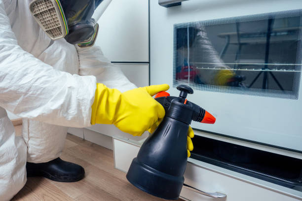 pest control worker standing with sprayer in kitchen . pest control worker standing with sprayer in kitchen .
